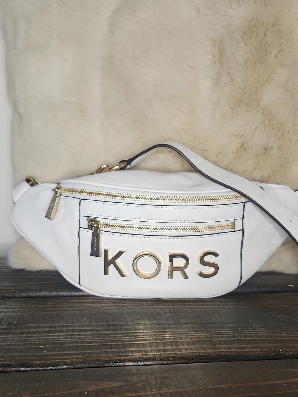 Michael Kors White Leather KORS Crossbody Belt Bag with Gold Hardware